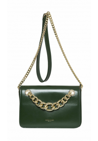 Mała, zielona torebka z ozdobnym złotym łańcuchem