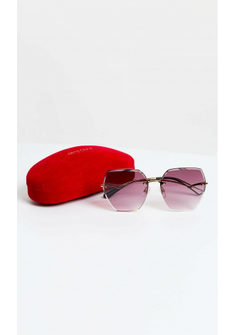 Pozłacane okulary z różowymi szkłami w kształcie wielokąta