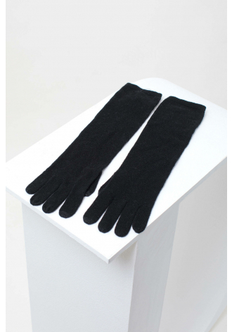 Dzianinowe, czarne, długie rękawiczki, od wewnątrz biały prostokąt