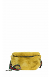 Mała, żółta torebka z króliczego futra z parcianym kolorowym paskiem w sportowym stylu