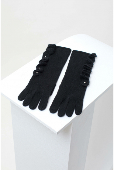 Czarne, długie, dzianinowe rękawiczki z falbanką z boku z małymi kuleczkami oksydowanymi na gun metal