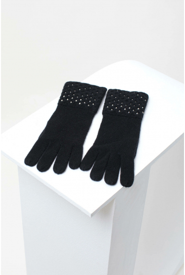 Czarne, dzianinowe rękawiczki z czarnymi jetami, można kompletować  z czapką z tej samej linii